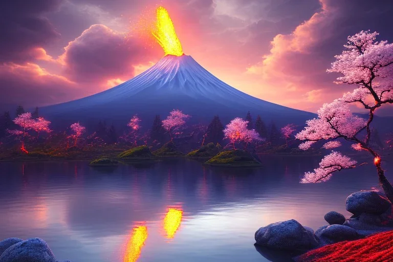 Japanese Fuji Mountain,eruption lava flows into the lake , concept art, smooth, extremely sharp detail, finely tuned detail, ultra high definition, 8 k, unreal engine 5, ultra sharp focus, illustration, magic ambient, bonsai cherry blossom trees , japanese gondolas .