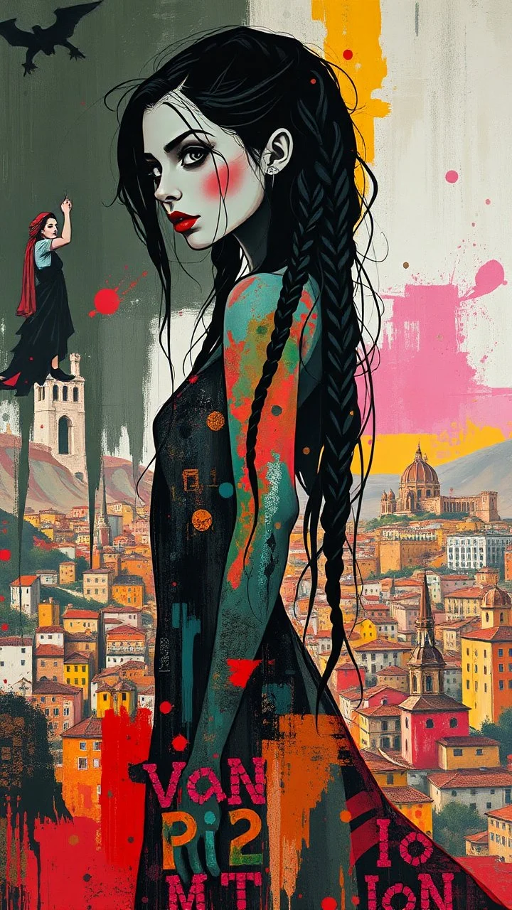 full body, wildly stylized abstract realist painting of a bold, audacious vampire girl with highly detailed long dark braided hair and facial features in the style of Jeremy Mann, her silhouette residing amidst bold, attention-grabbing abstract design that's defined by a wash of vibrant, saturated natural hues, juxtaposed against stark, surrealist medieval Spanish landscape of bustling colored cityscapes