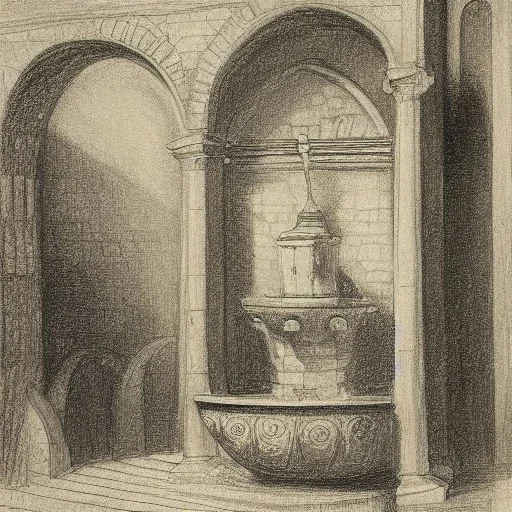 drawing of a medieval fountain by william turner