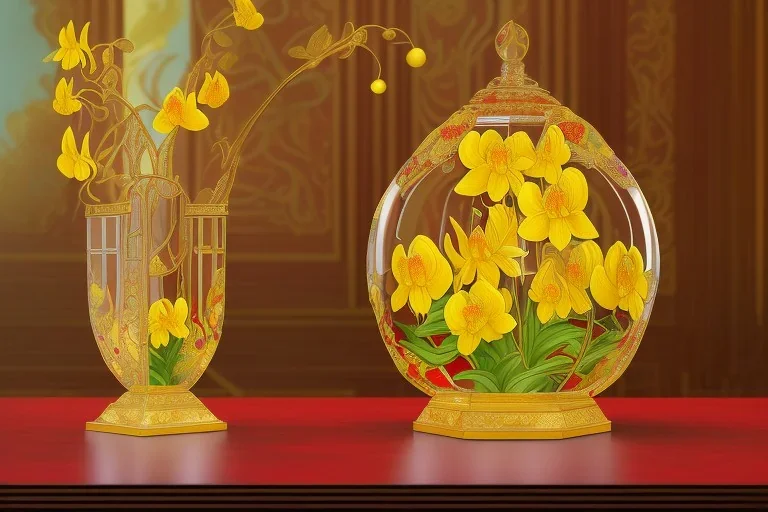 hypersigil photograph of a beautiful yellow and red orchid in a clear glass rococo inspired vase on a mirrored deco themed end table in a shadowy corner of a nouveau era room with wood paneling in the style of Robert maplethorpe, tropical birds, lizards, snakes, insects, gorgeous, shamanic, ethereal, photorealistic, embellishments, long shot, wide shot, dof, deep focus, 3d render