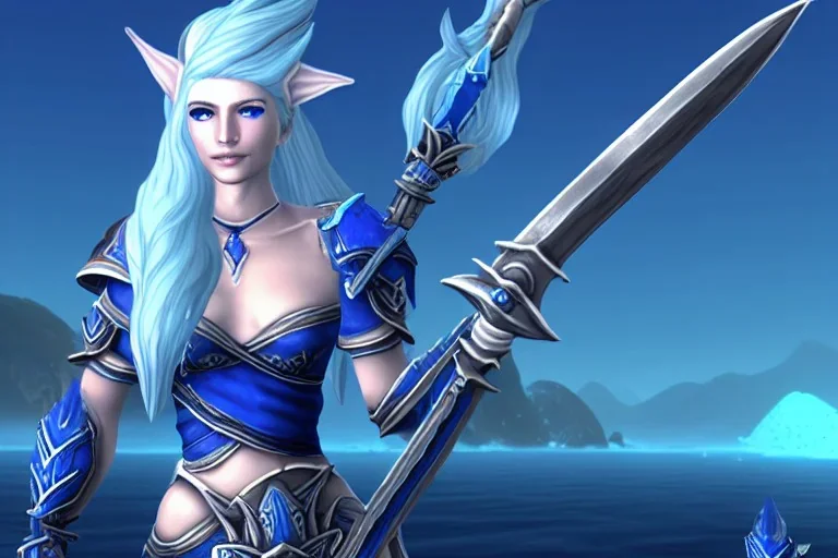 [Sea Elf] [Maormer] Hero Queen with [white hair] and [blue skin] wielding a blue glass greatsword on a ship with crew [fantasy] [realism] [Elder scrolls]