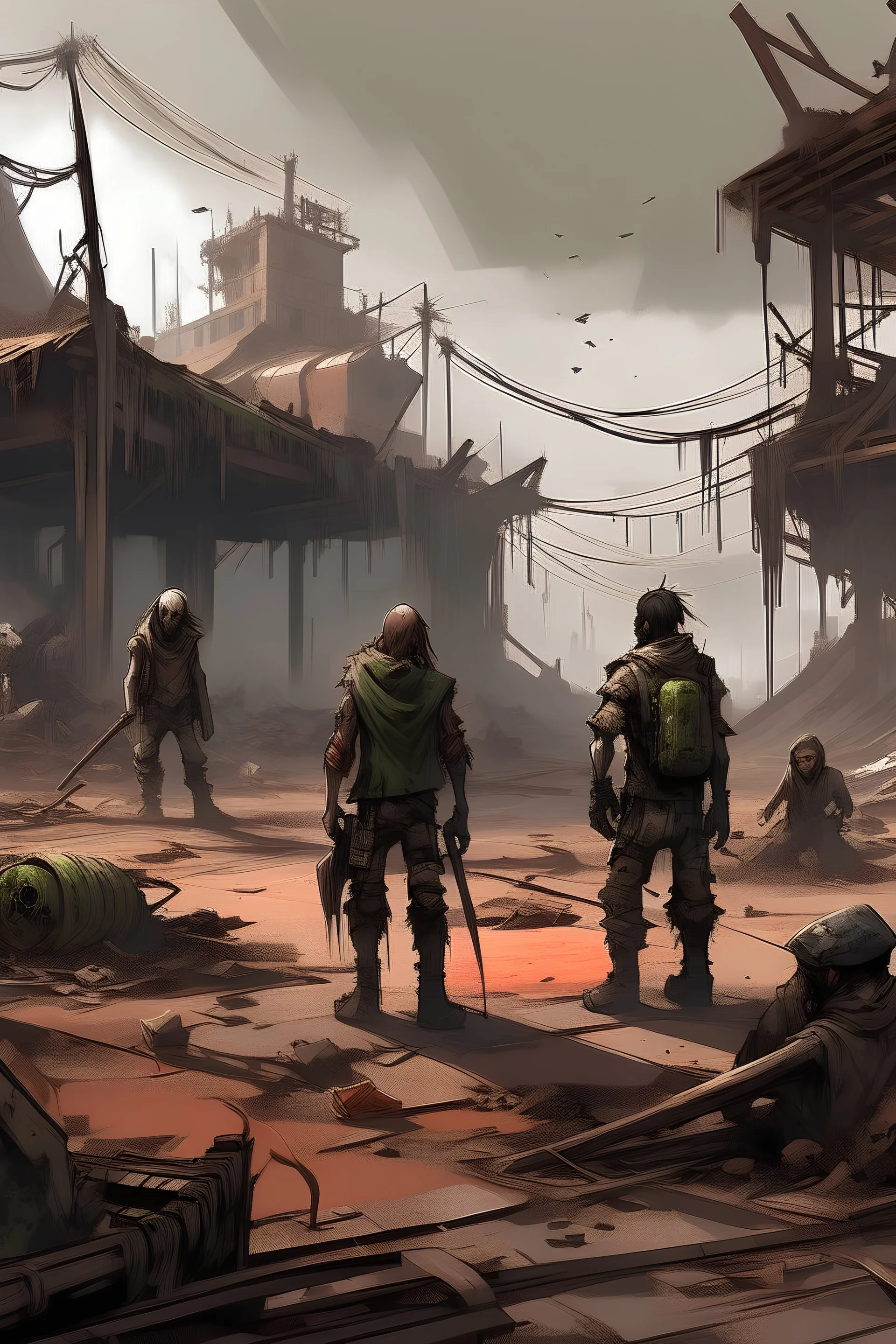 survivors battle against abeast, post-apocalyptic, concept art