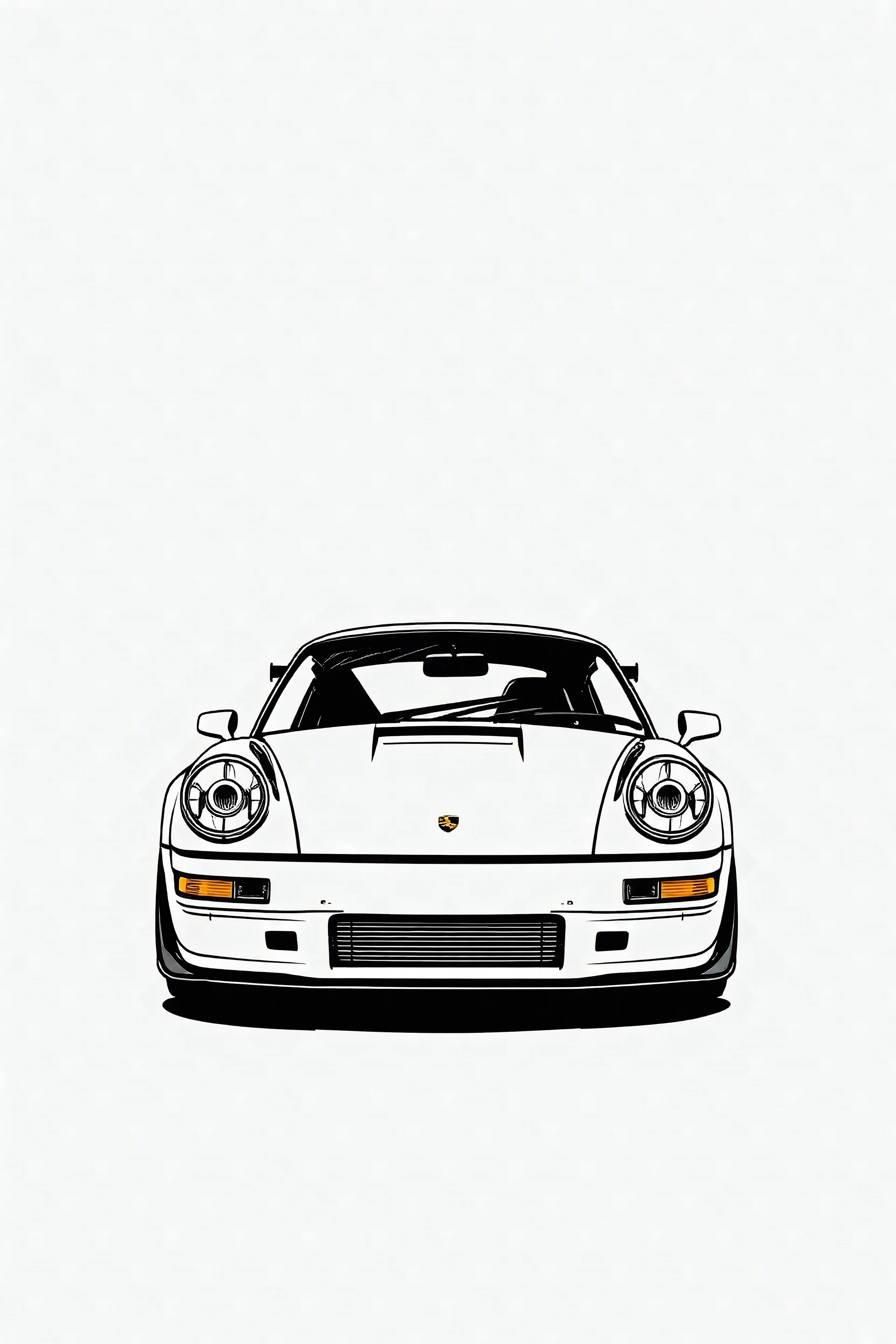 Porsche 911, motor sport, lllustration, against stark white background, thick ink outlines, 3D view, no shading, front, motor sport, spoiler, kotflügel, brush style, raceing, front