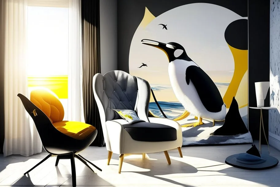 human feet decorated wallpaper in the background and a penguin shaped and penguin coloured (black and white) armchair in a modern room in sunshine