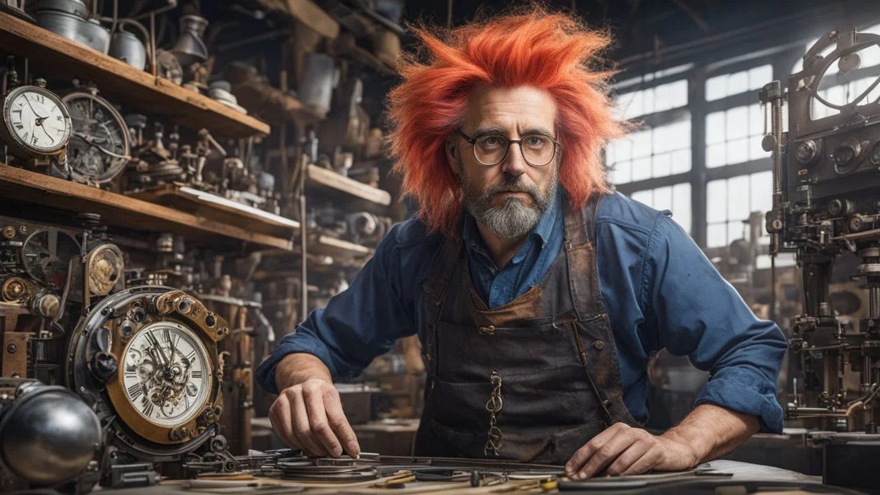 A brilliant clockmaker with wild colored hair in a work shop, 8k, high quality, trending art, trending on artstation, sharp focus, studio photo, intricate details, highly detailed, by tim burton