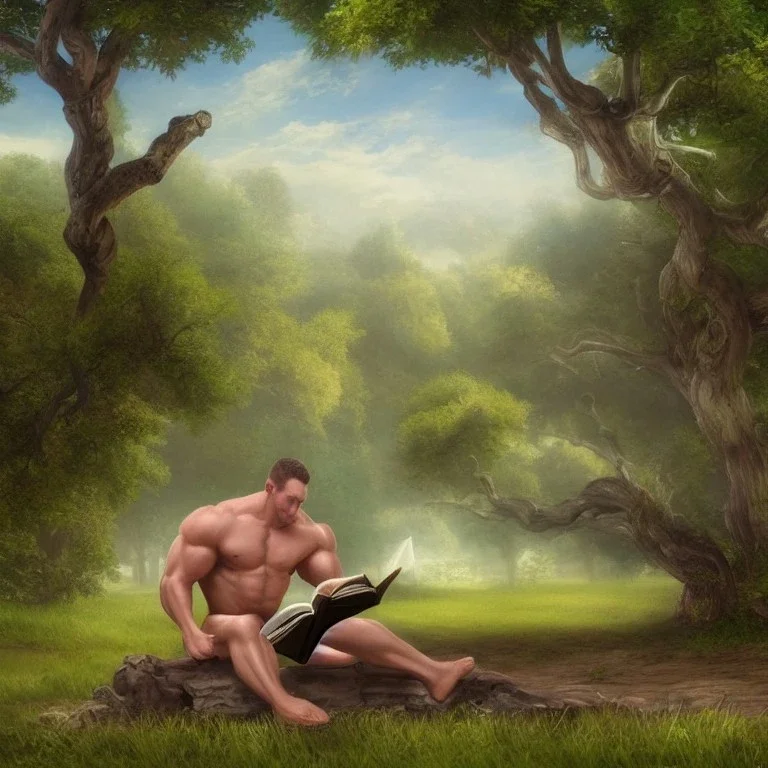 A legendary miniature with a big muscular body reading a book under a tree by the lake, 3D, realistic, magical painting, full and detailed painting components, Hollywood quality, 4K, 8K