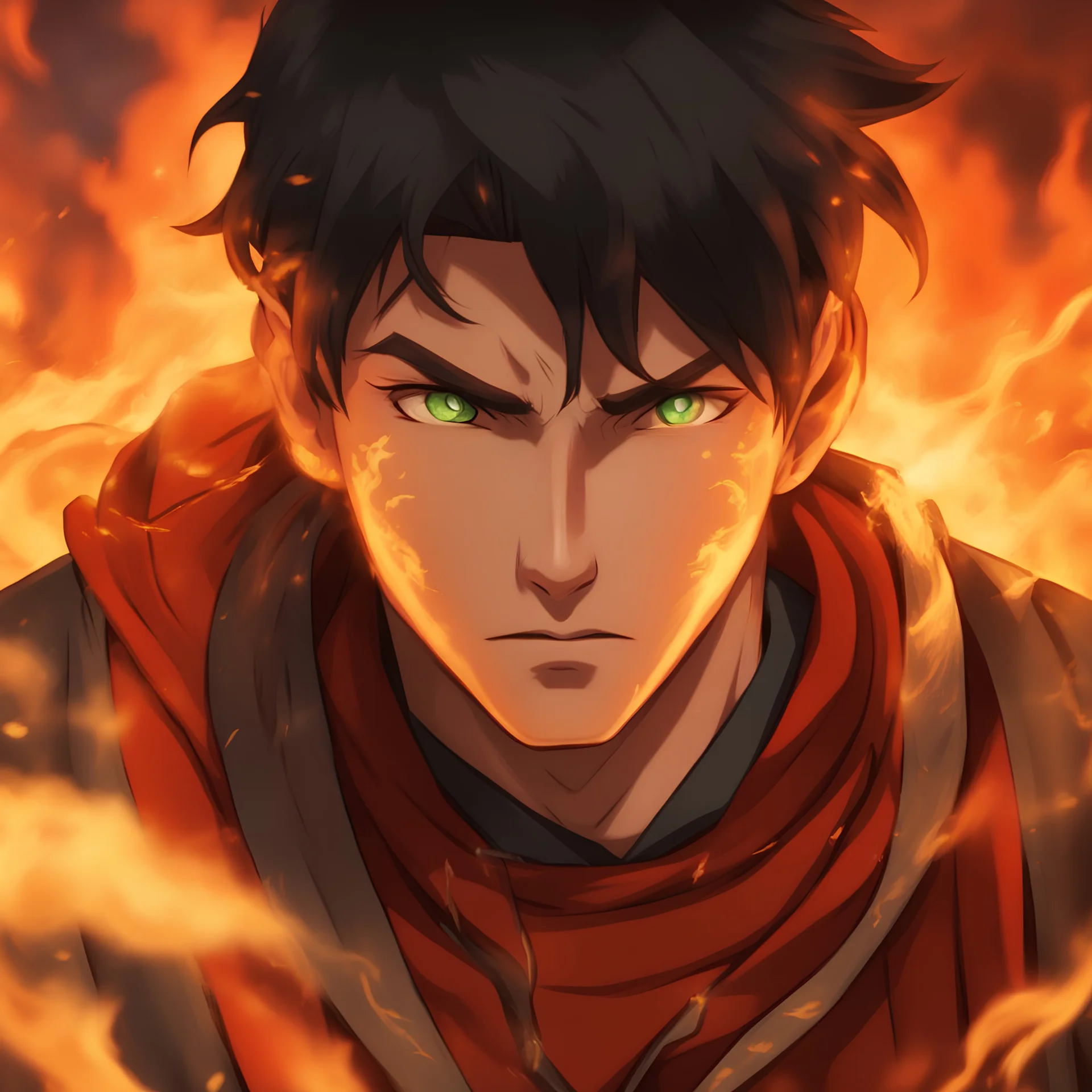 fire, firebender, fire bending, bending, green eyes, long hair, boy