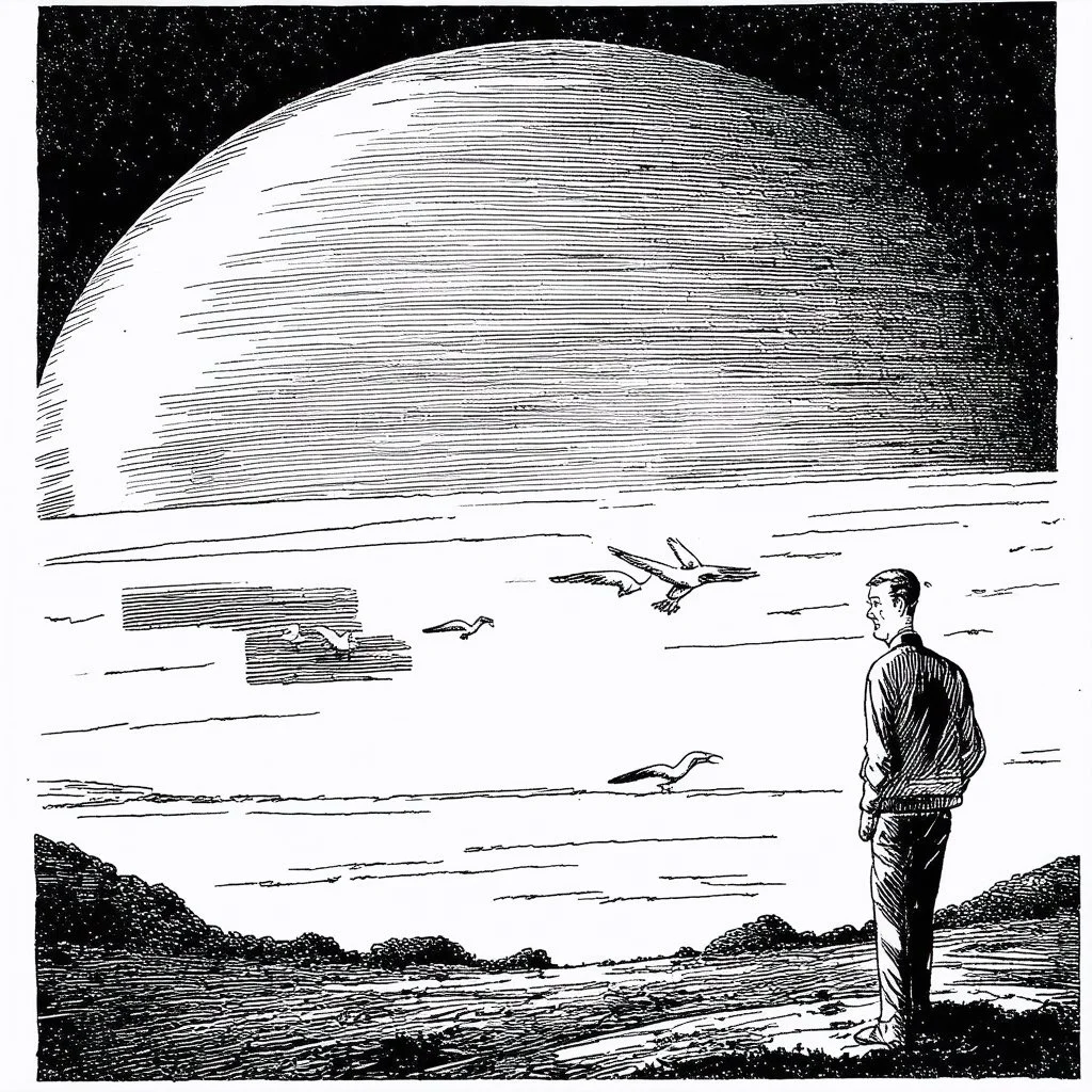 a alone man. pen and ink, birds eye view, illustrated by hergé, Background space and earth