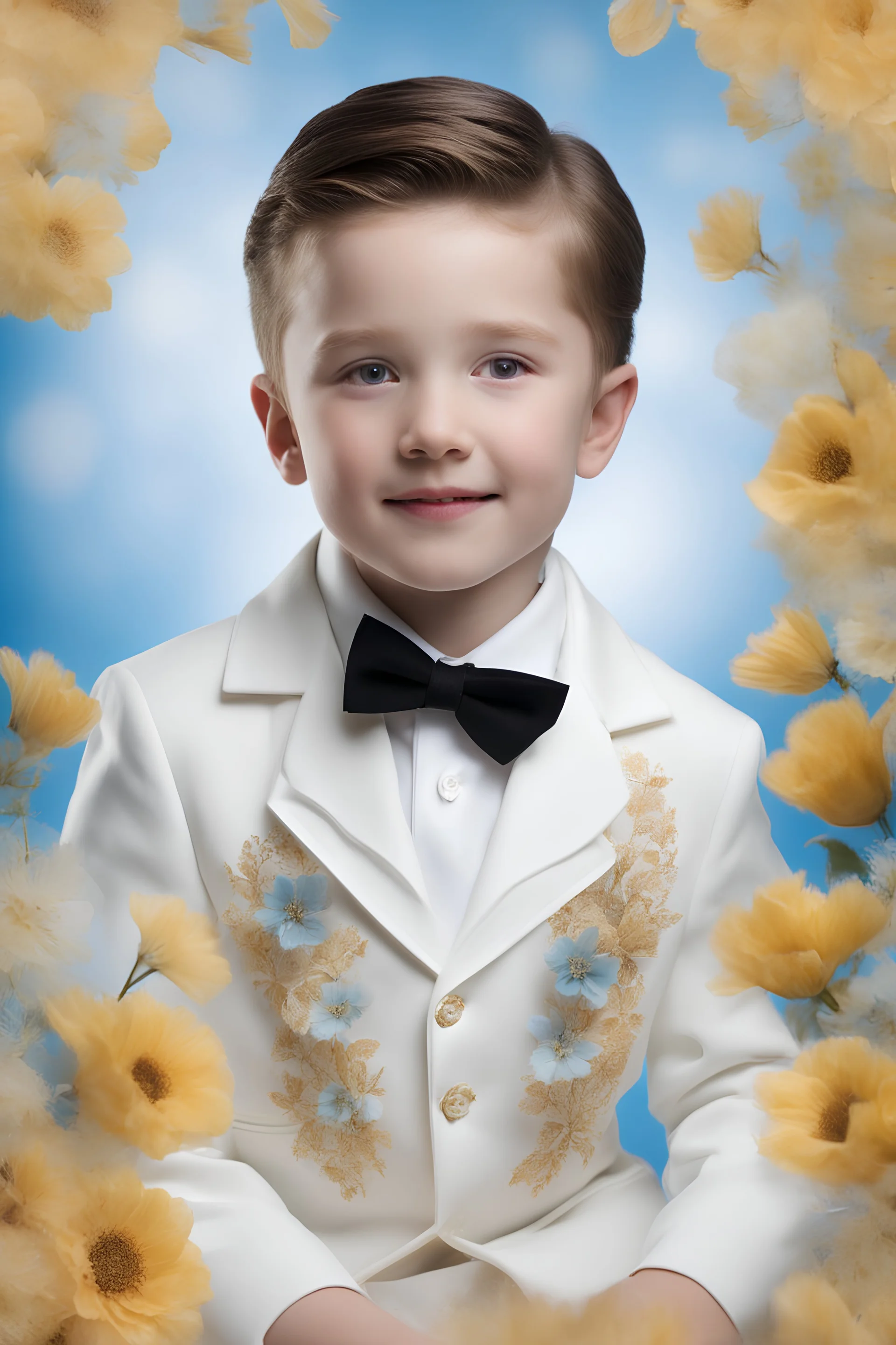 facial portrait - 10-year-old Elvis Presley is posing for his school picture in a white jumpsuit with a high collar and floral designs- wearing a black suit and tie and a top hat - Sparkling, Sky blue Background, professional quality studio 8x10 UHD Digital photograph by Scott Kendall - multicolored spotlight, Photorealistic, realistic stock photo, Professional quality Photograph. colored Fog