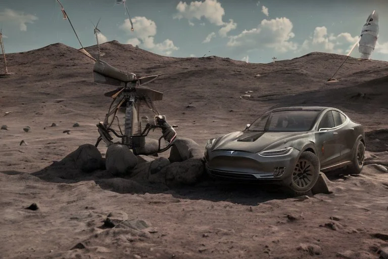 A Tesla 'Model Y' is parked, at the lunar landing site of the 'Apollo 11'. (CINEMATIC, WIDE ANGLE LENS, PHOTO REAL)
