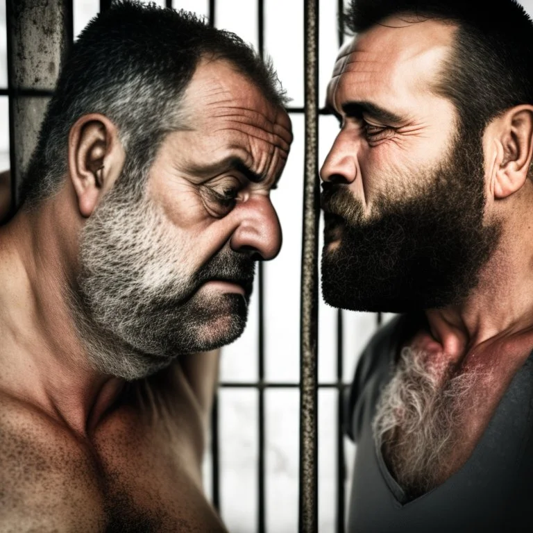 extreme close up photo of two italian prisoners in tank top 40 years old kissing in prison behind bars, chubby, dirty, ugly, bullneck, muscular, short beard, long hairs, manly chest, misery and poverty, emotive eyes, photo 35mm lens, side view, photorealistic, ultradetailed