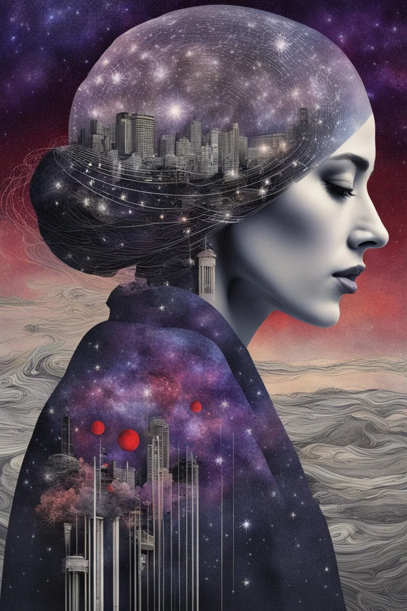 Double exposure of a female person's profile and a utopistic starry night sky, dramatic mood, dark depressive style, highlySurreal reflection, dark, melancholic, purple, gray, red, black colors, surreal abtractions, strange things, Kandinsky world detailed intricate, surreal, stunning,