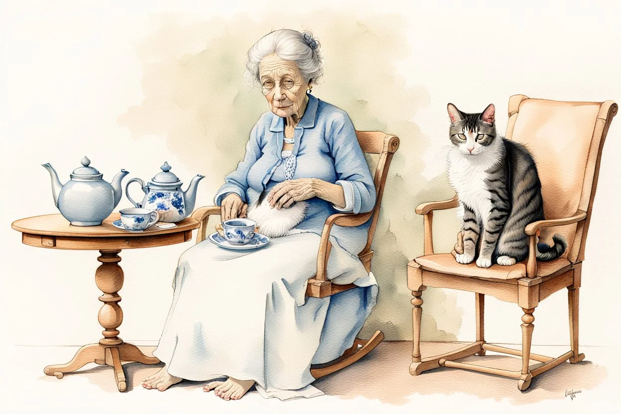 An older woman with normal anatomy, sitting in a comfortable cushioned rocking chair petting her cat,, tea pot and cup on the little table beside her Modifiers: highly detailed wallpaper award winning high definition Jean-Baptiste Monge anatomically correct perfect facial features wet on wet watercolor Perfect Anatomy Catherine Abel, Watercolour and ink accurate natural colors