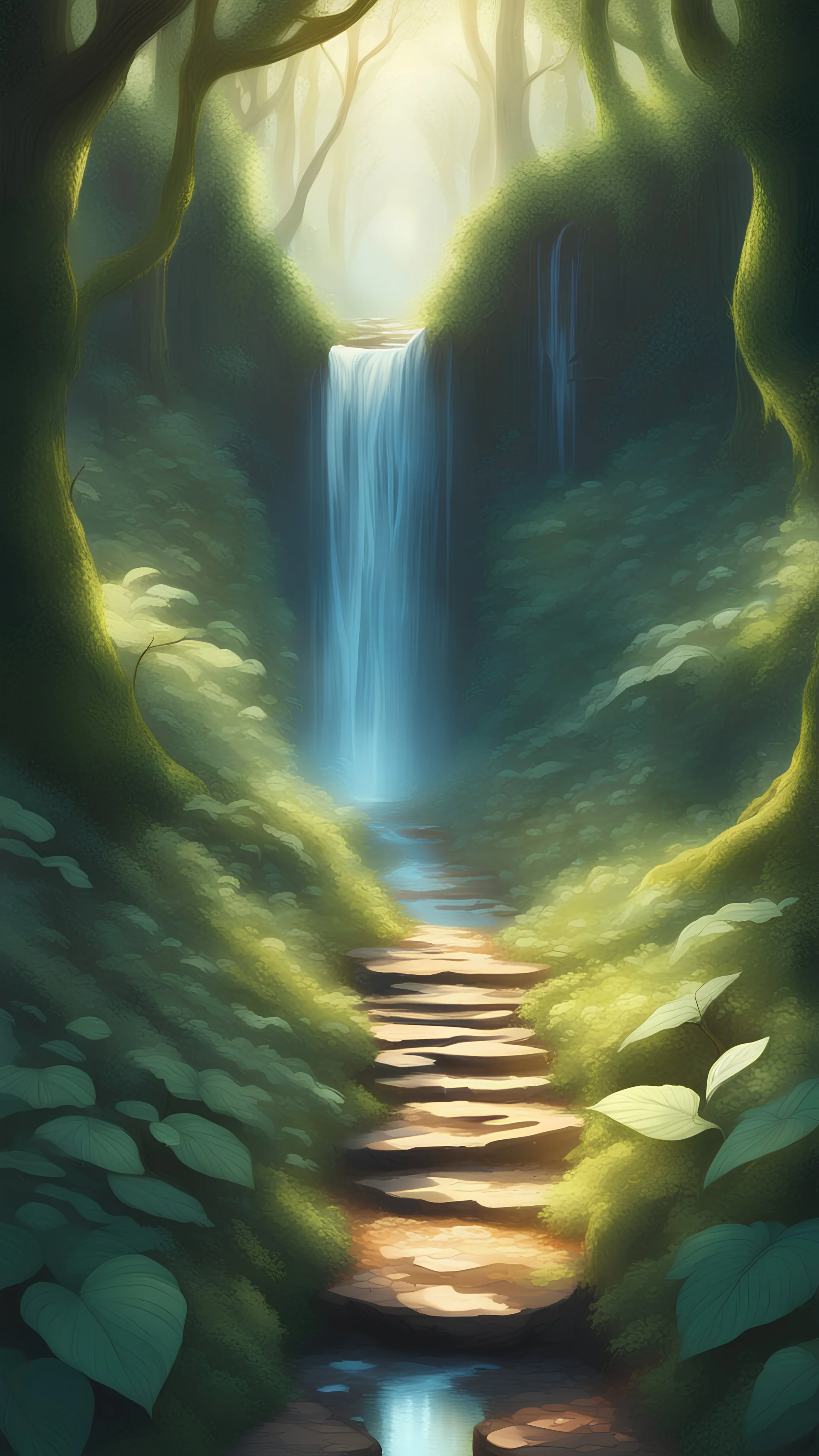 A mystical forest path, dappled with sunlight, leads to a hidden waterfall surrounded by lush greenery and magical creatures in digital illustration style