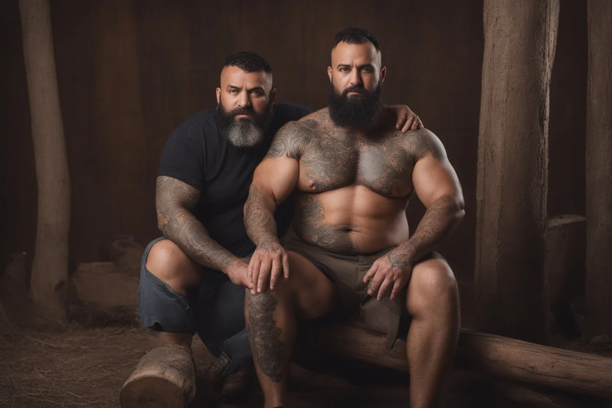 full body two arab men 4 5years old woodcutter in boxer muscular strong chubby hairy shirtless with many tattooes with a huge bulge , embraced close, manly body, short beard, curlu hair wood background,High detail, very detailed, ultra HD, 8k, cinematic