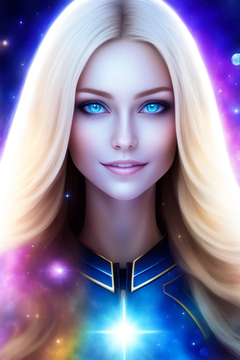 cosmic woman smile, admiral from the future, galactic confédération, fine whole face, crystalline skin, expressive blue eyes,rainbow, smiling lips, very nice smile, costume pleiadian, Beautiful tall woman pleiadian Galactic commander, ship, perfect datailed golden galactic suit, high rank, long blond hair, hand whit five perfect detailed finger, amazing big blue eyes, smilling mouth, high drfinition lips, cosmic happiness, bright colors, blue, pink, gold, jewels, realist, high,rainbows