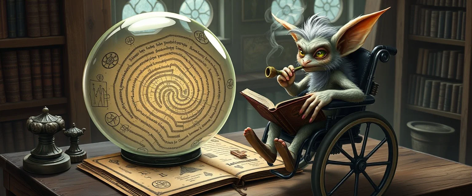 map of labyrinth contained in a glass ball with elemental sigils and symbols on a table beside a book called Rotten Riddles of a Forgotten Age with weird illustrations, being read by an fluffy imp gremlin druid librarian in a cyber punk wheel chair smoking a magical pipe
