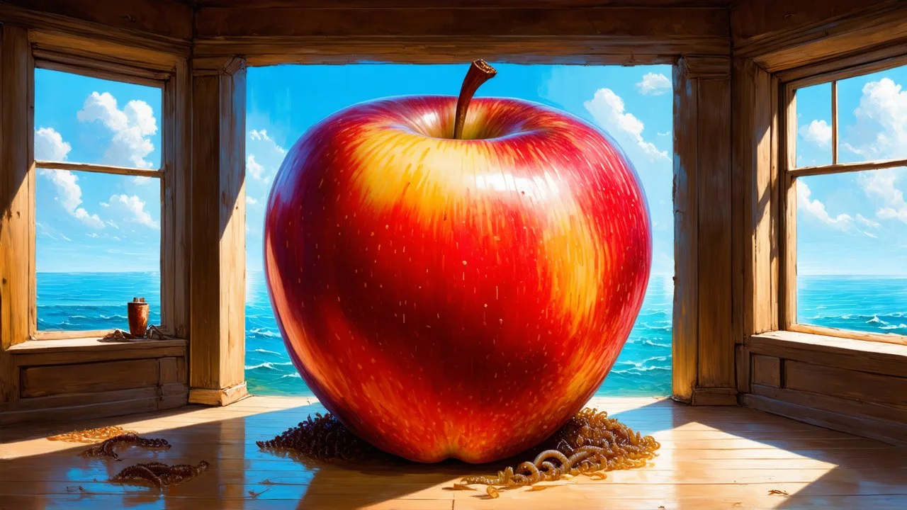 A surreal painting depicts a giant apple riddled with worms that occupies almost an entire room. The room has a window overlooking a calm blue sea.