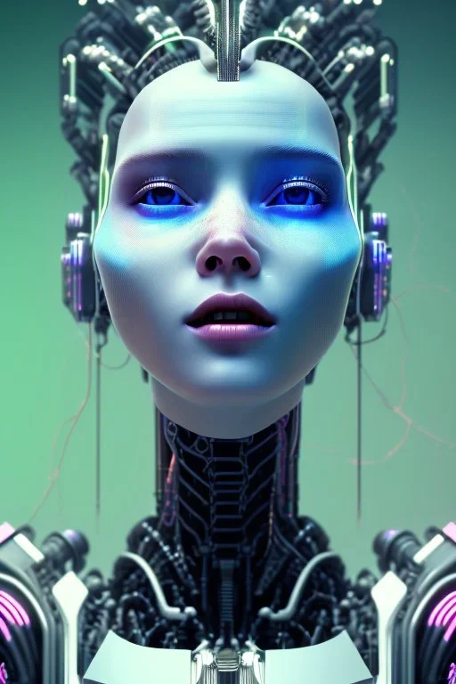 cyberpunk, head, robot, portrai, alone, high key lighting, volumetric light high details with white stripes and blue eye, smiling with plump pink lips, flowers around, unreal engine petit prince belle fine, profil de trois quart, grand front cosmique, peau bleu cristalline, yeux bleu, perle sur le front long cheveux blond et rose etoilé, cristaux sur le corps, collier de grande princesse, l