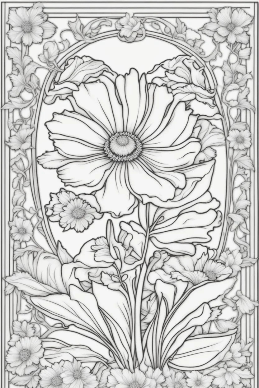 cosmos flower picture coloring page with decorative border around edges