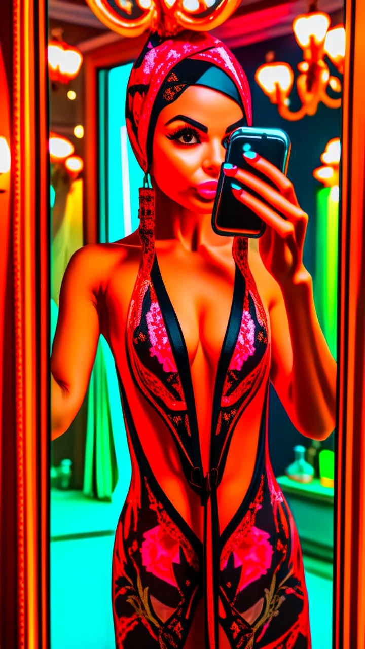 (((((((((petite arab woman puts on two piece bathing suit with delicate straps and takes mirror selfie), modelshoot style, (,photo of the most beautiful woman in the world, professional majestic (photography by Steve McCurry), 8k uhd, dslr, soft lighting, high quality, (film_grain:1