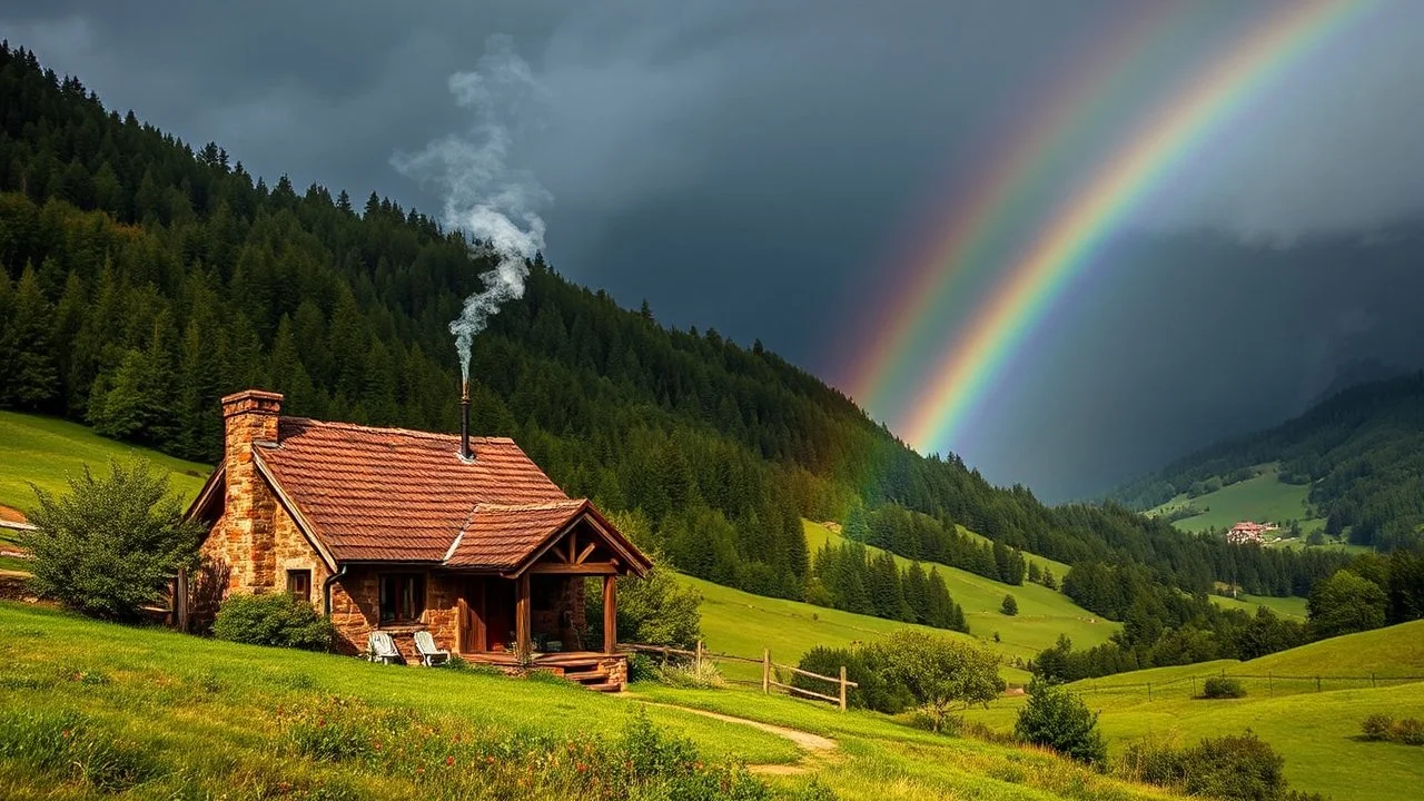 A cozy cottage nestled in a lush, green valley, with smoke curling from the chimney and a rainbow arching overhead. Photographic quality and detail, award-winning image, beautiful composition.