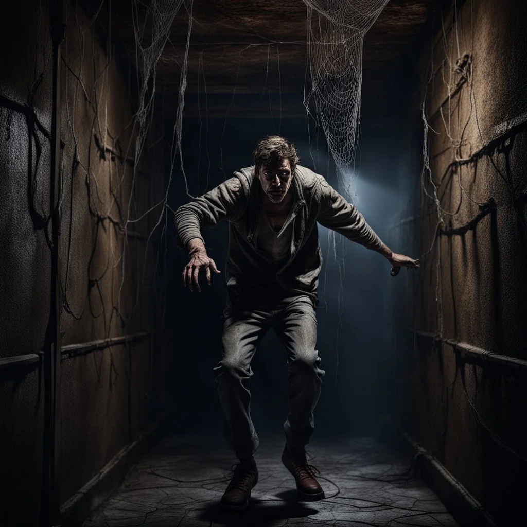 Hyper Realistic hostage man hanging on roof between dark hallway of a dungeon with cobwebs & dark rustic walls at night