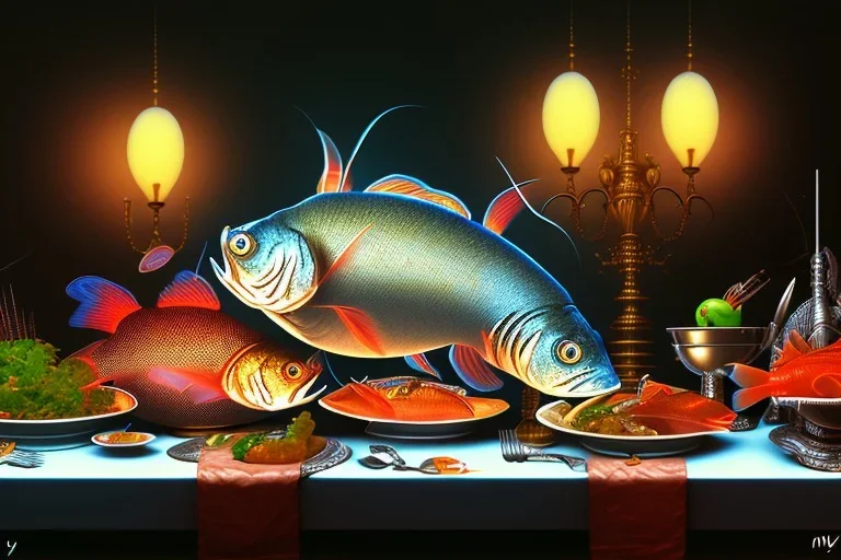 supper, fish sit at the table and eat pieces of people.