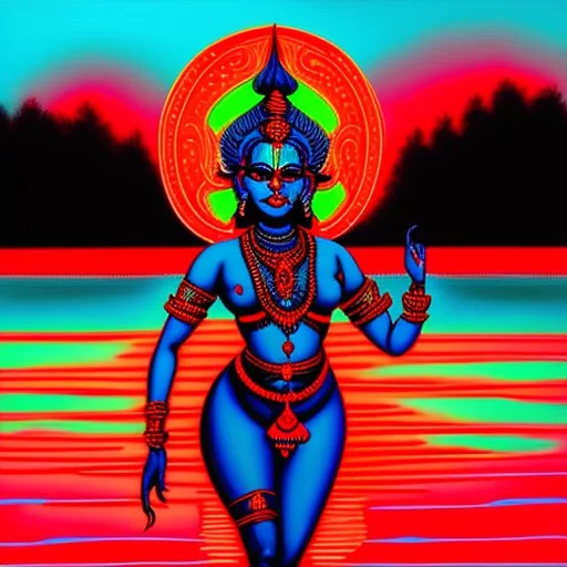 An oil painting of goddess Kali crossing a lake, neon red colors