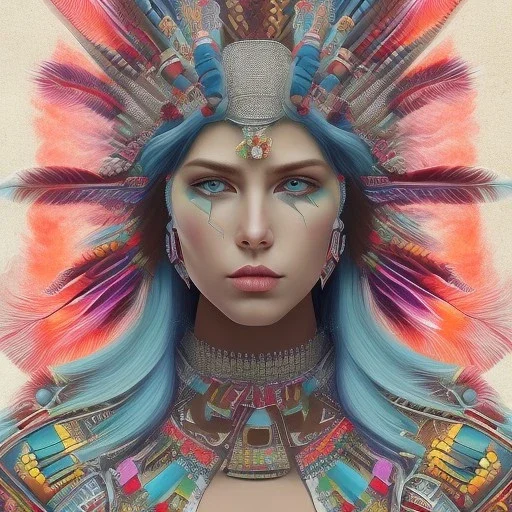 war painted pueblo Indian female,detailed eyes, blue eyes,, disturbed expression.intricate detaile,thnically accurate face, intricate head dress,detailed turquoise jewelry, detailed hair, detailed feathers, use dynamic palette, accurate proportions, high contrast black smokey bokeh background.studio ghibli,andrea bonelli,Kilian Eng,Ohrai, korra character, style.