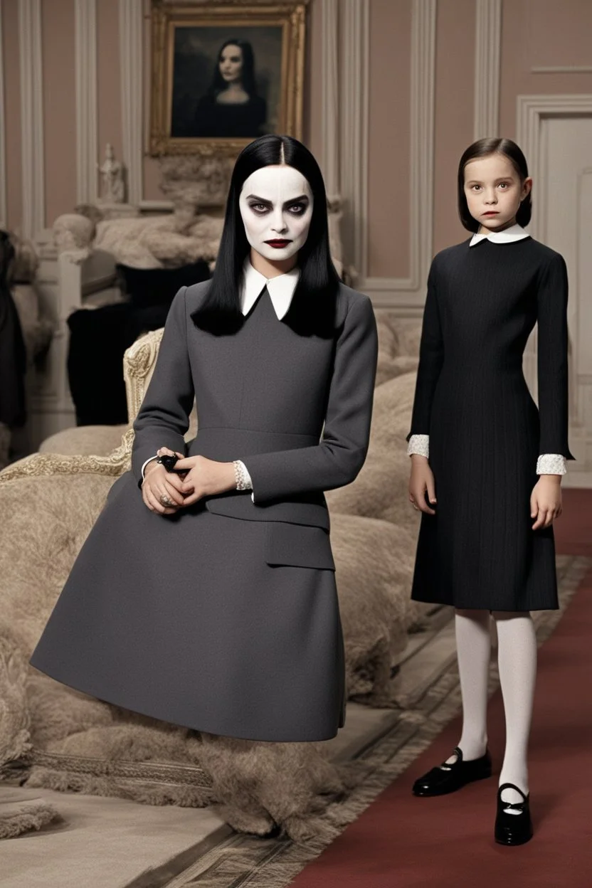 Wednesday Addams kept close to Morticia's side. Though still in her usual somber colors, the young girl had chosen to dress according to Dior's aesthetic rather than her family's customary severe style. Wednesday wore a fit-and-flare dress hitting below the knees, made of finely ribbed wool in a muted charcoal. Three-quarter sleeves and a high lace collar lent it an air of mystery. At the waist was tied a wide sash of deepest navy silk, swaying gently as she walked. On her narrow feet were oxfor