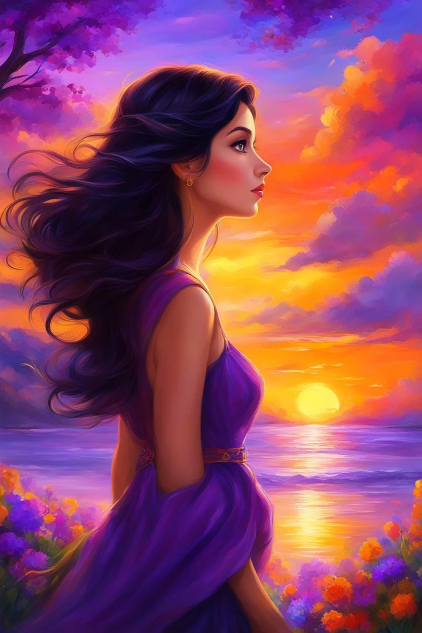 Masterpiece, best quality, digital painting style, adorable digital painting, beautiful fantasy art, colorful. The girl with the dark hair and bold eyes watches the sunset, with a kindness untold, in hues of orange, purple, and gold. Behold this vibrant world, so beautiful in its display. Spring's breath whispers through the air, painting nature in colors beyond compare. Her soul shimmers, reflecting the vivid flair of the sky. This moment is frozen, forever to share.