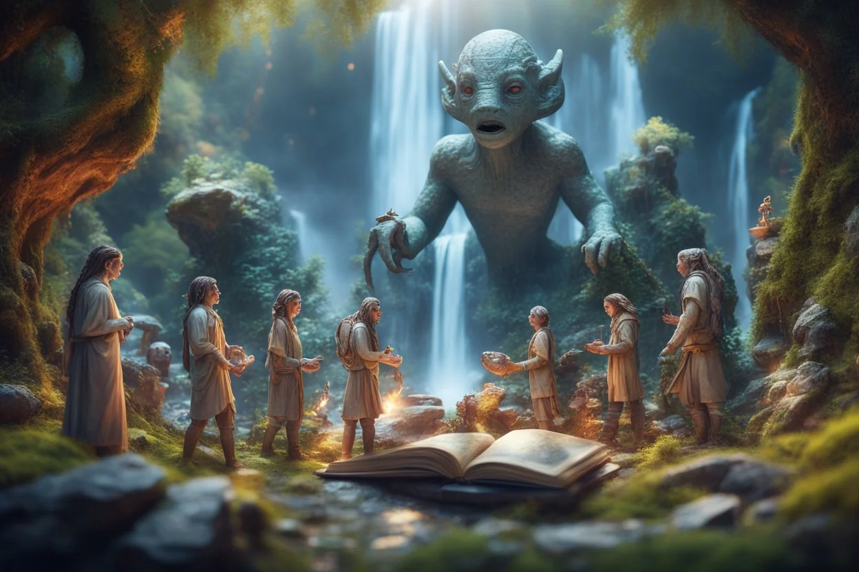 book cover illustration of archeologists discovering woodland creatures in Rivendell worshipping big fat alien statues and idols like from a myth or legend, on a strange planet with weird colors and waterfalls, bokeh like f/0.8, tilt-shift lens 8k, high detail, smooth render, down-light, unreal engine, prize winning