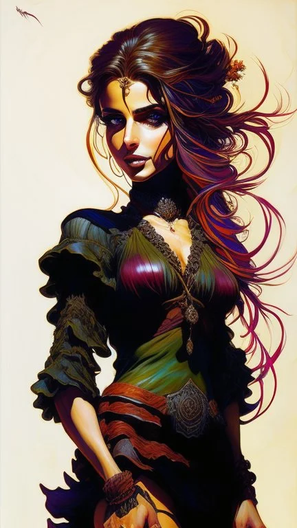 highly detailed, full body oil painting, petite, shyly smiling, woman of Spanish and Lebanese heritage with long dark hair in a single braid, sharply defined angular facial features, anatomic perfection, by Andrea Kowch> <Yoji Shinkawa><Arthur Rackham> <Jean-Giraud Moebius, saturated vibrant natural color tones, precisely drawn and inked, 8k resolution