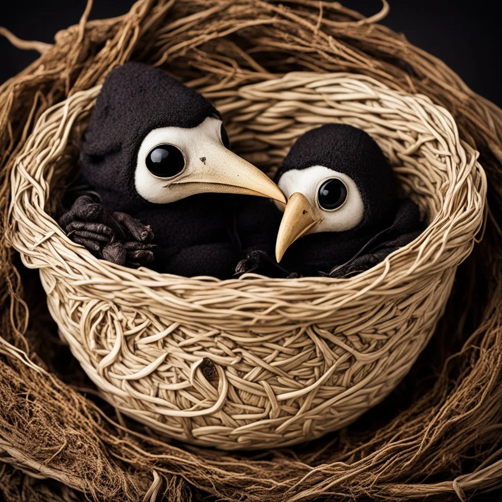 Close-up of Plague Doctor beak-masked babies snuggling in cozy natural root-woven teacup, surreal, yin-yang, by Anne Geddes and Tim Burton, mind-bending realism, weirdcore, adorably strange, natural lighting