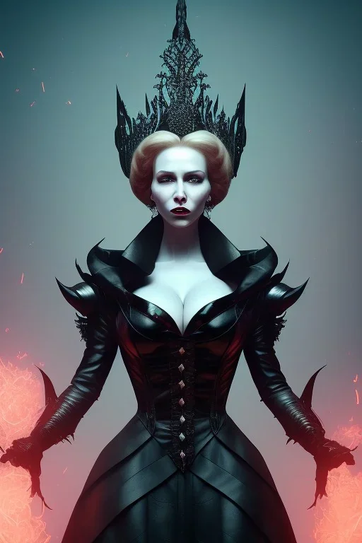 Christina Hendricks as evil queen in black leather, cleavage, angry, stern look. character design by cory loftis, fenghua zhong, ryohei hase, ismail inceoglu and ruan jia. unreal engine 5, artistic lighting, highly detailed, photorealistic, fantasy