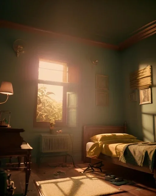 Room scene with alligator sleep, Wes Anderson styler, concept art, smooth, unreal engine 5, god lights, ray tracing, RTX, lumen lighting, ultra detail, volumetric lighting, 3d.