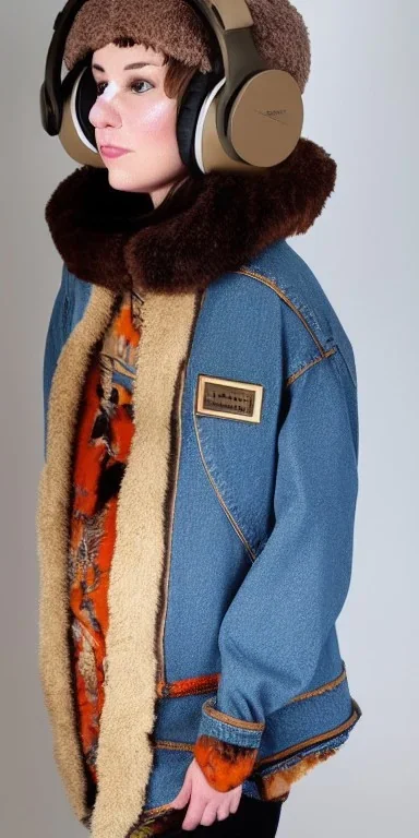 Brunette she. average body type. big head. Mantle is sewed of upcycled Denim and sewed together of camouflage pieces. Pieces' color are orange, cream and purple. It is with big bright purple felt tippet and cream-colored-hood. mantle is merged with satchel. . Big AKG-style headphones (gold rings!) is merged with small felt cap with small visor. Style: Haute Couture in 1910's, Paris fashion in 1998, inspired by street art. Cream latex gaiter. Her head and rest body!