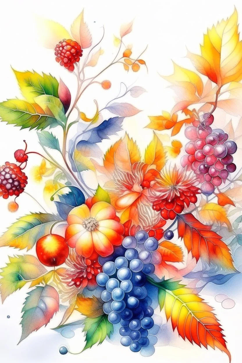 watercolor, photorealism, realistic flowers, leaves and berries, sunny, gloss, white background, pixel art, high detail, delicate sensuality, realistic, high quality, artwork, glitter, hyperdetalization, professional, filigree, transparent, delicate pastel tones, backlight, high detail, gradient texture