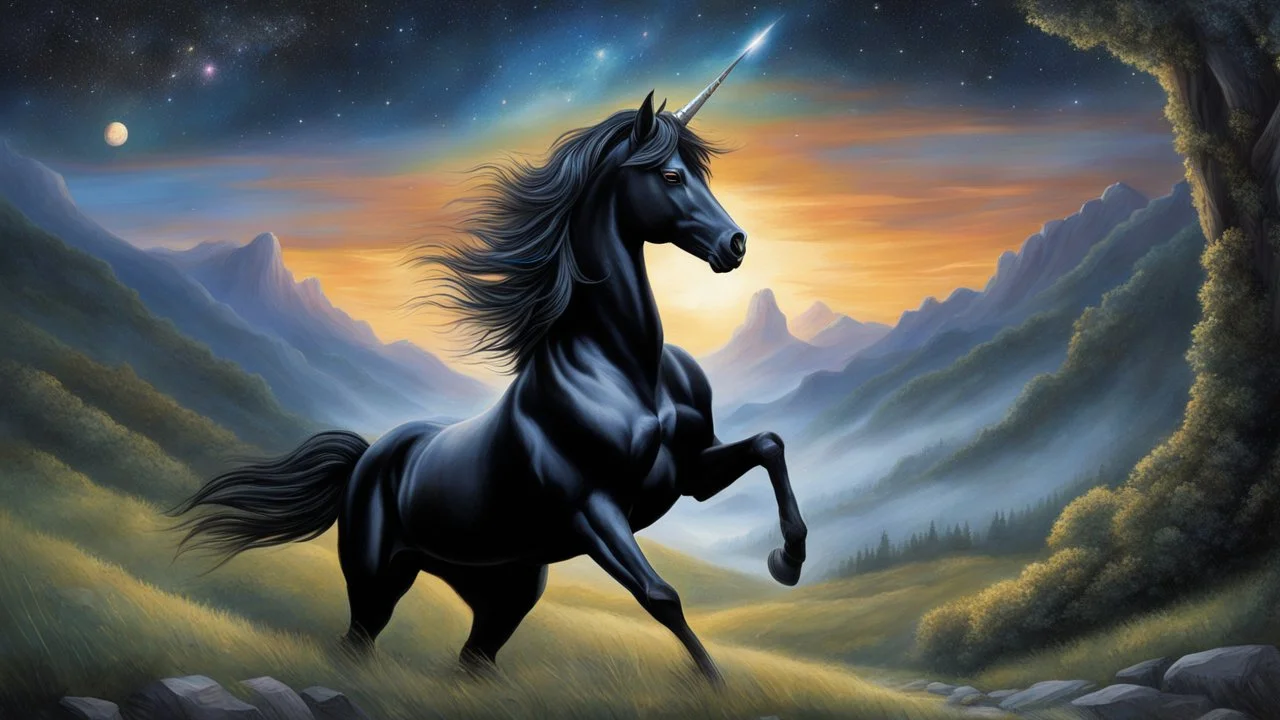 A night sky seen from the bottom of a deep valley. an exploding star filling the sky. a black unicorn. Painted by Anne Stokes.