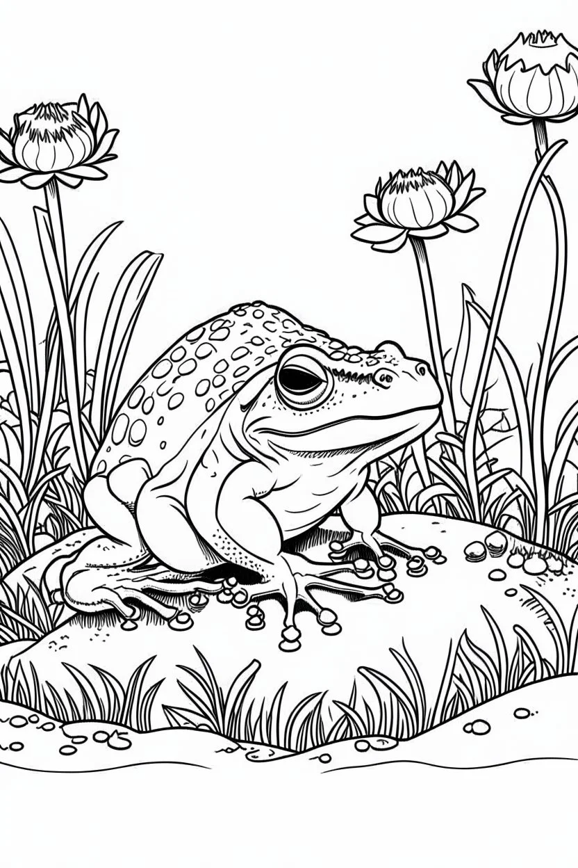 Outline art, toad in the garden, cartoon style, black and white, low detail, --ar 9:11