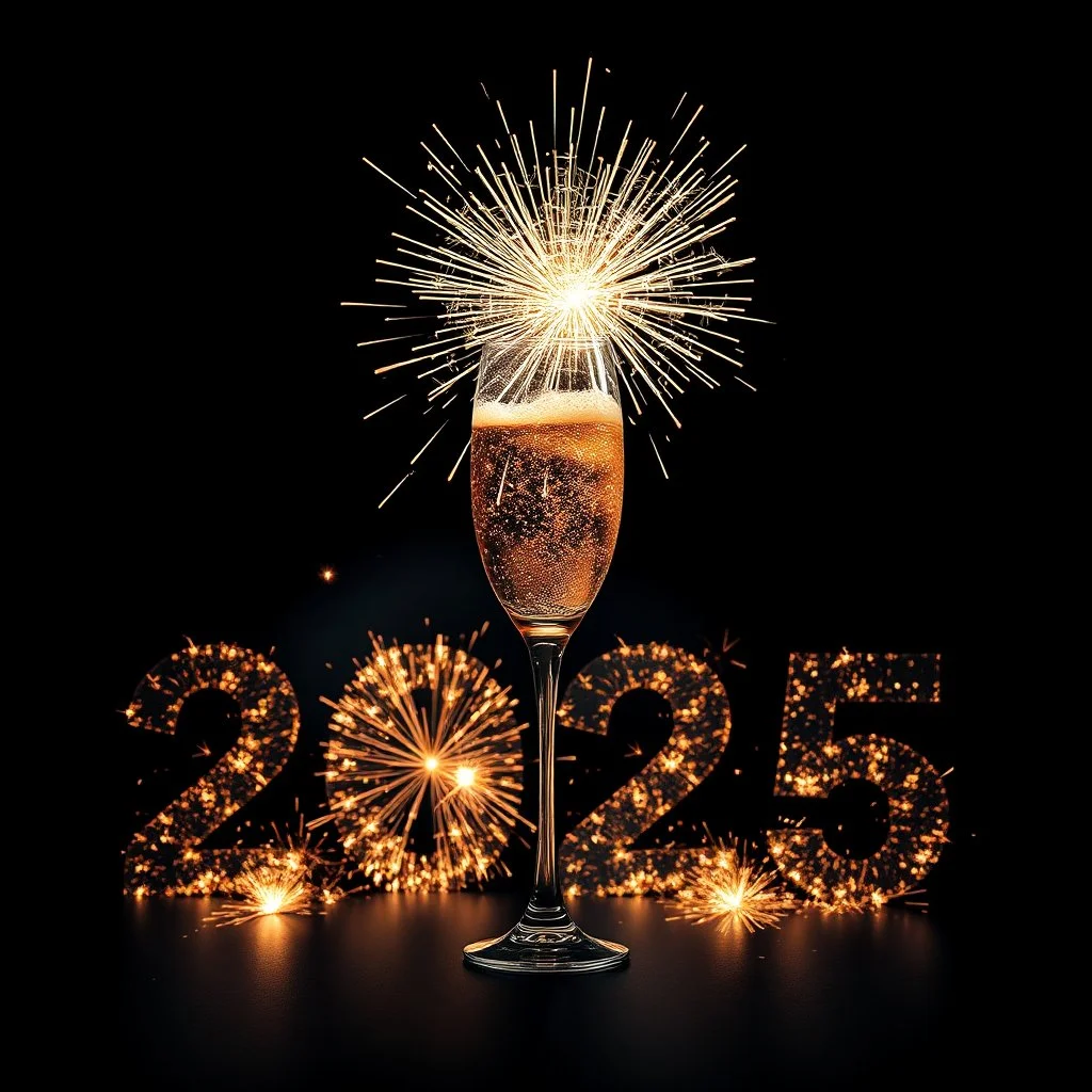 Surreal champagne glass bursting with fireworks, concept art, minimalism, dark background, brilliant firework exploding, text "2025" in double exposure big block letters in the background