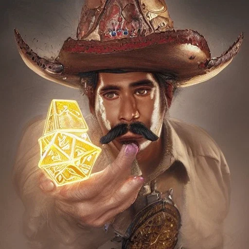 Insanely detailed photograph of an “ a mustachioed cowboy warrior "with worn Sombrero, handsome charo,cigar,glowing D20 in outstretched hand, hyperdetailed painting by Ismail Inceoglu Huang Guangjian and Dan Witz CGSociety ZBrush Central fantasy art album cover art,8K, hdr, mysterious, flickeringlights ,Stoic