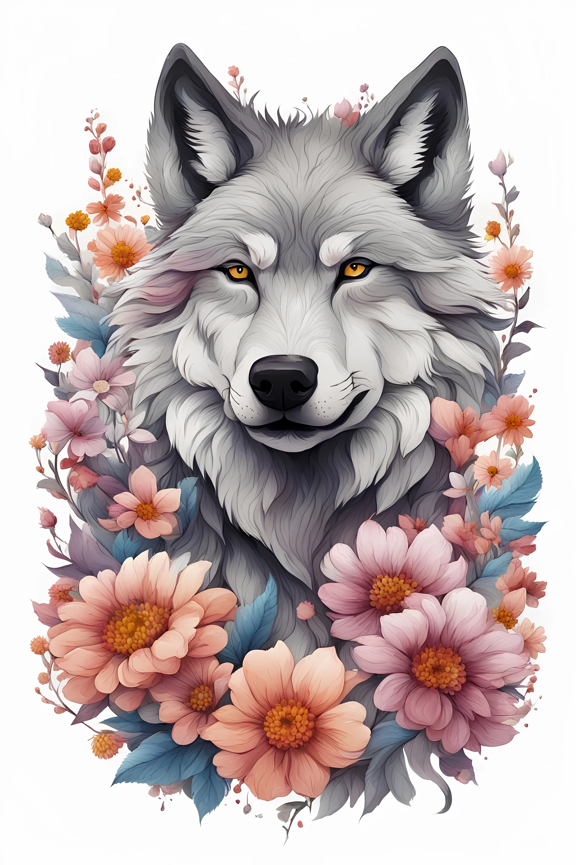 wolf in flowers white bg , illustration style with color