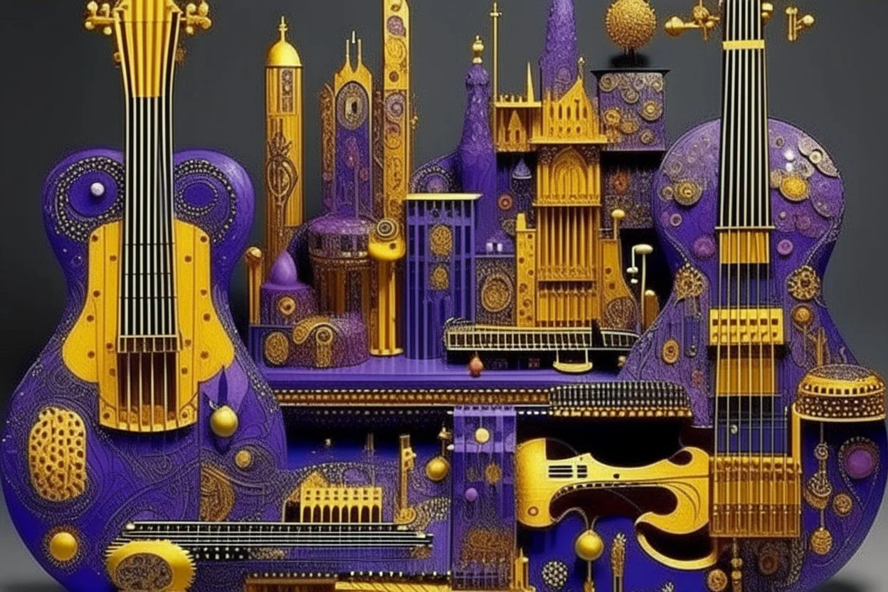 A violet city made out of musical instruments designed in African masks painted by Gustav Klimt