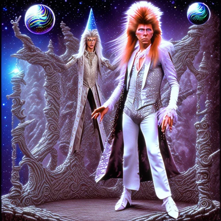 david bowie, white owl feather fancy clothes, Jim Henson's The Labyrinth, Jareth the goblin king, crystal ball in hand, wearing spandex grey leggings with a crotch bulge, labyrinth illusion stairs, broken world and space in background