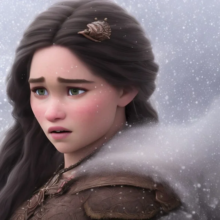  a wonderfull emilia clarke, viking fantasy, big curves, voluminous long black hair, ultradetailed fine art photo of a indian, weet face portrait, snow flakes particles, 55 mm