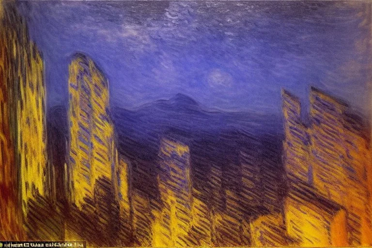 Night, cyberpunk buildings in the mountains, tendency to claude monet, tendency to science fiction, impressionism painting