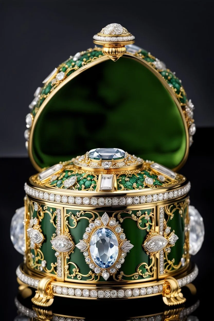 A Fabergé jewelly box features decorative Swarovski crystals and an enamel finish with the exterior of formed with many stunning gold decorations and studded with diamonds and made from quartz, platinum, and orthoclase with miniature flowers, white crystals, diamonds and made from platinum and gold, and plants made of gold, classic ornaments, high quality, detailed, photography