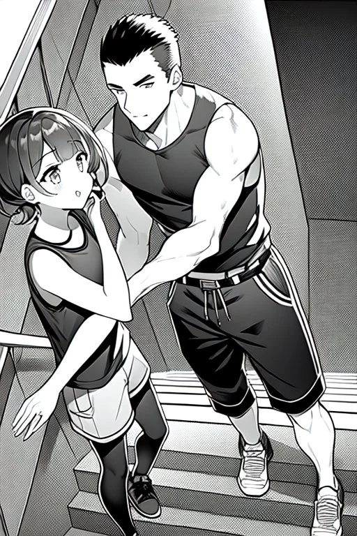 a boy in shorts sleeveless shirt climbs the stairs, greyscale